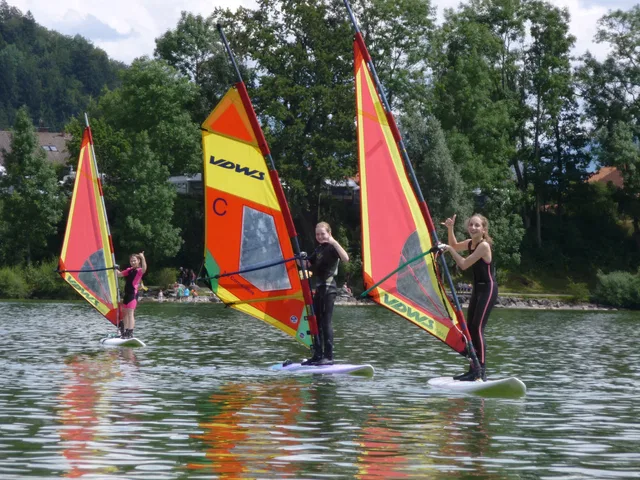 Drei Windsurfer mit bunten Segeln auf einem See, umliegende Bäume.