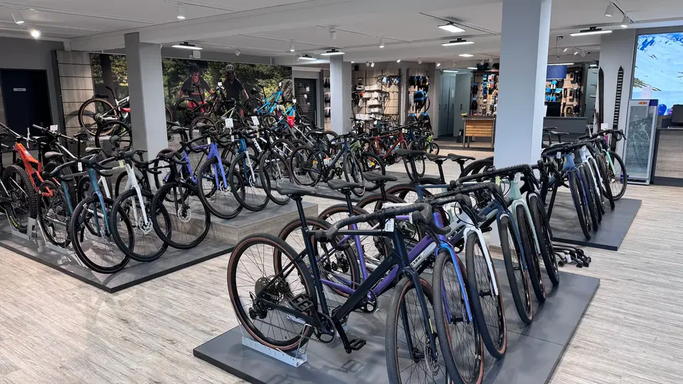 Viele Fahrräder stehen auf Ausstellungsständern in einem Fahrradgeschäft.