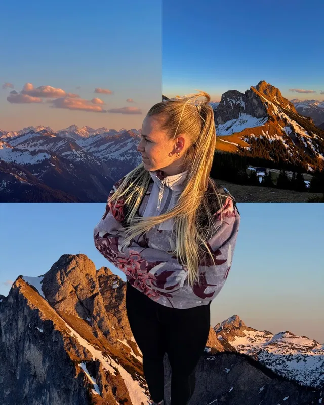 Junge Frau mit Blumen-Sweatshirt vor Berglandschaft, Collage-Effekt teilt das Bild.