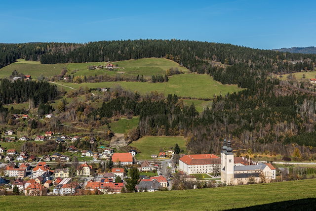 Gurk mit Dom und Stiftsanlage vor den bewaldeten Hängen des Gurktals