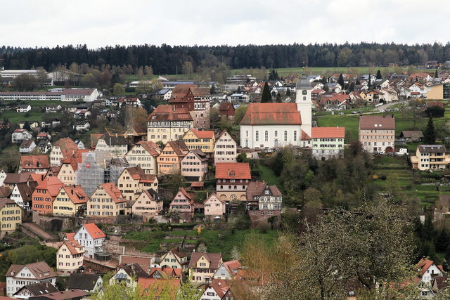 Blick auf Altensteigs Altstadt mit Schloss und Stadtkirche