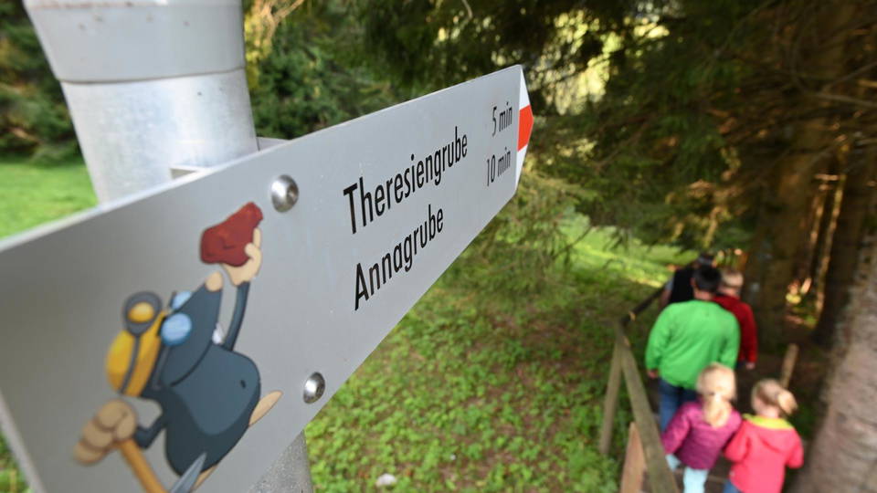 Wegweiser zu Theresiengrube und Annagrube am Waldweg