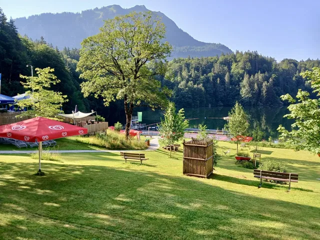 Grünes Seeufer des Freibergsees mit Sitzgelegenheiten und Sonnenschirm