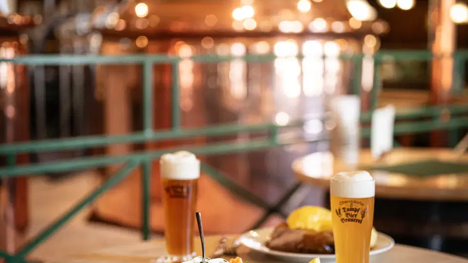 Bier und bayerisches Gericht vor den Braukesseln