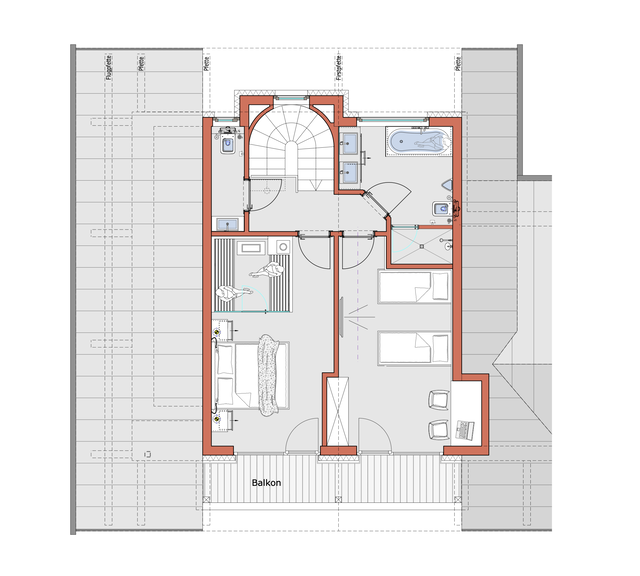 Grundriss des Obergeschosses mit zwei Schlafzimmern und Sauna