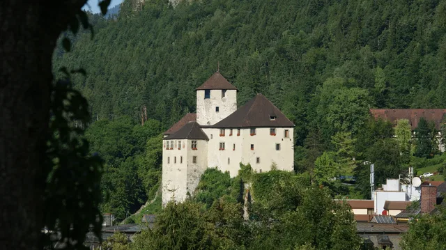 Weiße Burg auf Hügel mit Türmen, umgeben von Wald
