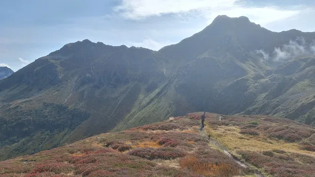 Person auf bergigem Pfad mit farbiger Heide,山? (kein)