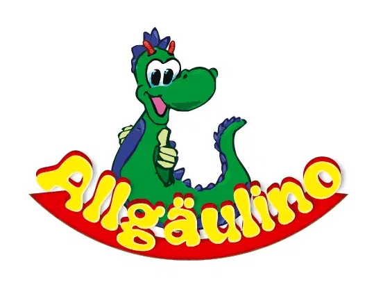 Fröhlicher Cartoon-Alligator in Grün mit rotem Banner, auf dem der gelbe Schriftzug Allgäulino steht