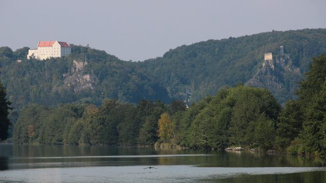 Fluss im Vordergrund und bewaldete Hänge bei Riedenburg mit Rosenburg links und Burgruine Tachenstein rechts, Aufnahme vom 16. September 2020