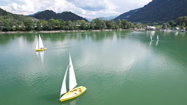 Segelboote auf dem Großen Alpsee vor bewaldeten Bergen