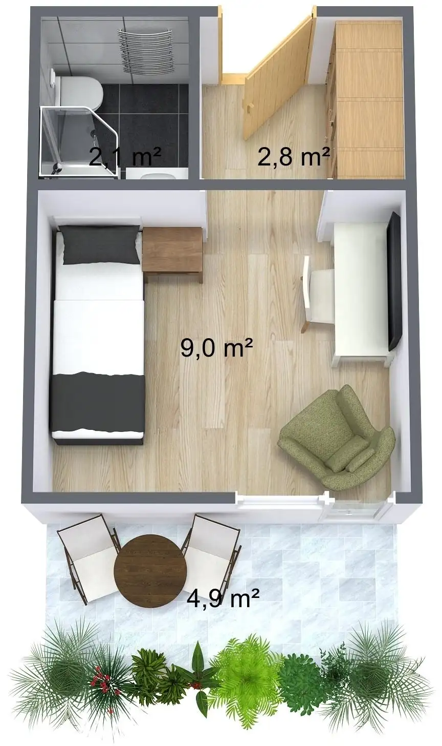Grundriss Einzelzimmer mit Balkon