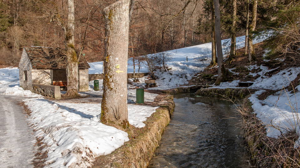 Winteransicht des Filsursprungs bei Wiesensteig.
