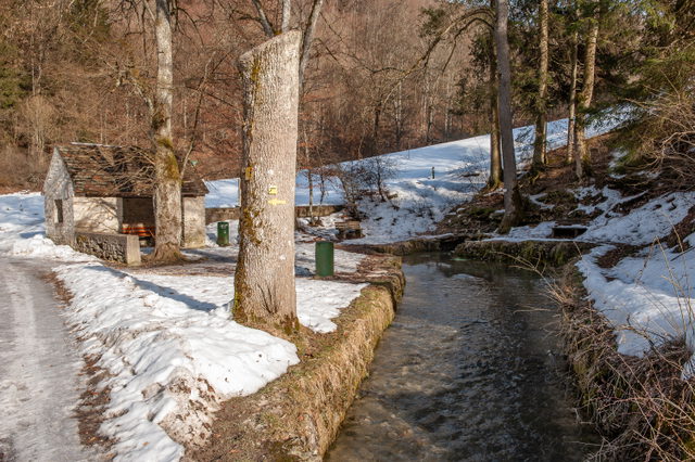 Winteransicht des Filsursprungs bei Wiesensteig.
