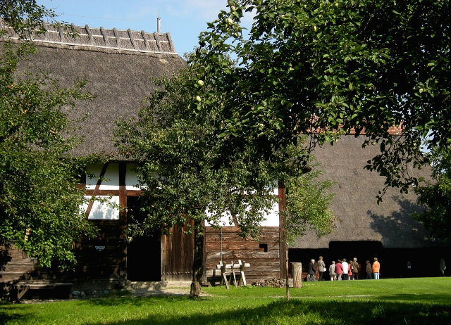Reetgedeckte historische Häuser zwischen Obstbäumen im Museumsdorf Kürnbach. Aufnahme: 2008-09.
