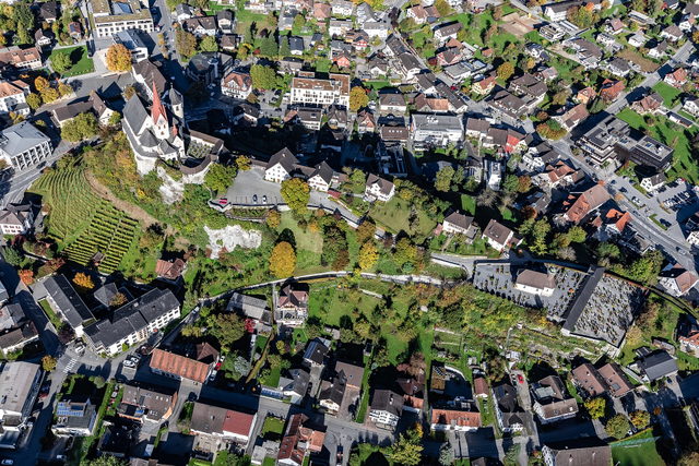 Rankweiler Ortskern mit dem Liebfrauenberg aus der Luft