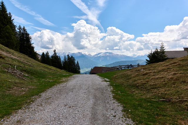Schotterweg und Bergblick an der Pfarrachalm bei Telfes