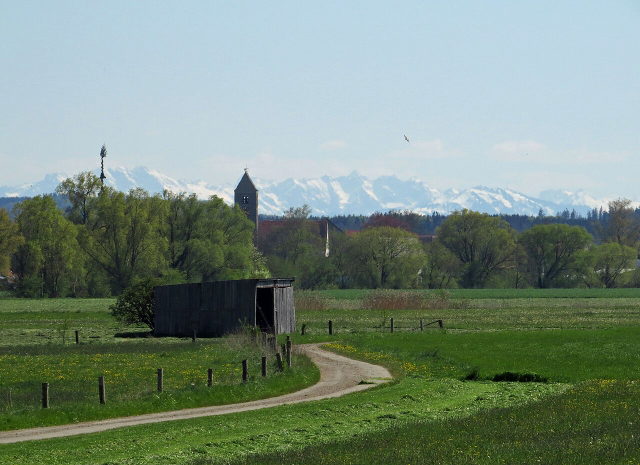 Wiesenweg und Blick auf Günz bei Westerheim mit Bergen im Hintergrund