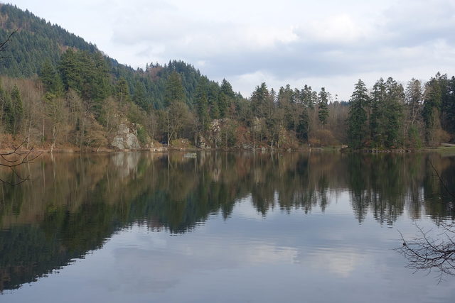 Bergsee mit Scheffelfelsen und Insel in Bad Säckingen