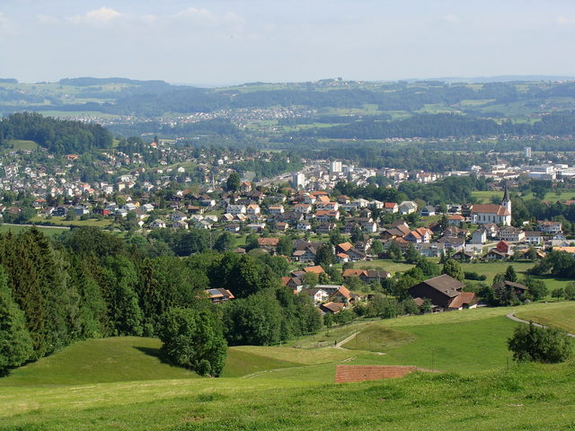 Uzwil mit Wohnhäusern und Kirche in der hügeligen Landschaft