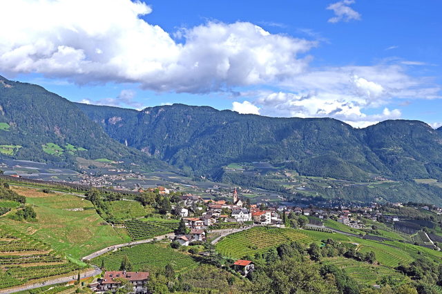 Panoramablick auf Dorf Tirol und die Berge über dem Meraner Talbecken