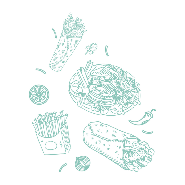 Illustration von Kebab, Wrap und Pommes auf der offiziellen EVON864-Webseite