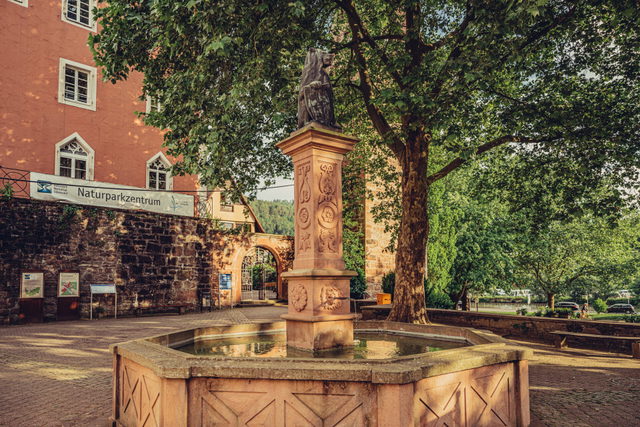 Brunnen vor dem Naturparkzentrum in Eberbachs Altstadt.