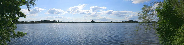 Frankenhofner See mit bewachsenem Ufer an der Glücksseen-Radrunde