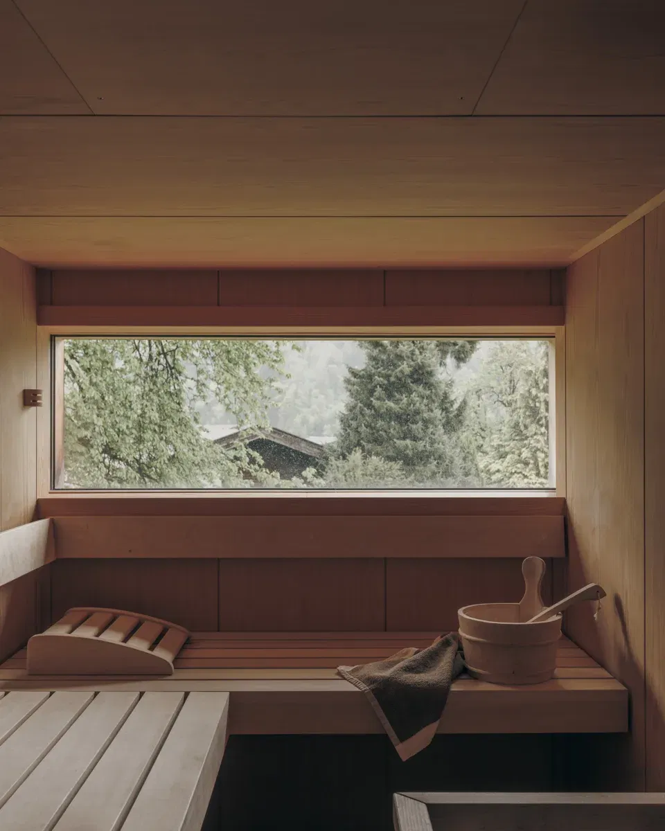 Holzsauna-Innenraum mit Bank, Fensterblick auf Bäume, Eimer und Schöpfkelle