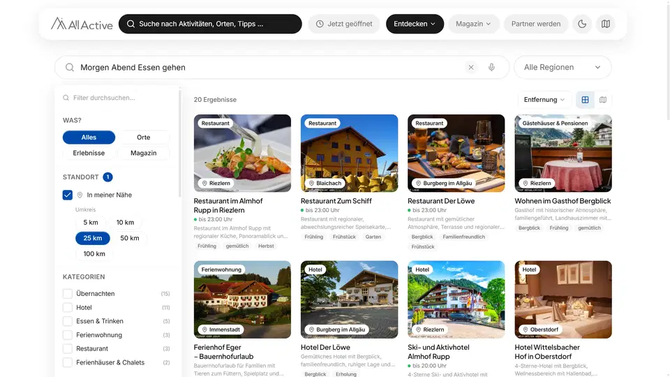 Screenshot der AllActive-Suche mit Filtermenü und Kartenansicht von Restaurants, Hotels und Unterkün