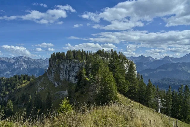 Felsiger Hügel mit Wald umgeben, vor einer Berglandschaft unter wolkigem Himmel.