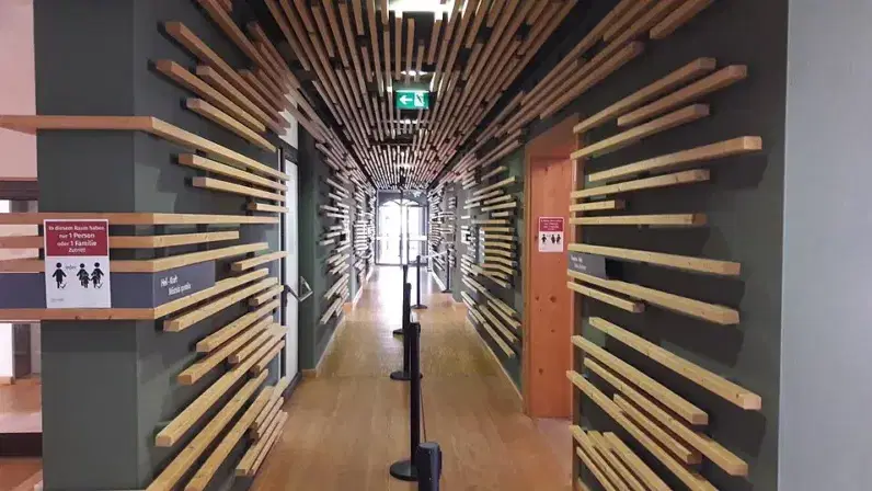 Innenraum des Waldmuseums Zwiesel mit einer Installation aus Holzstäben