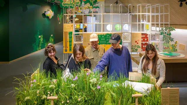 Besucher an der Station zum Bodenleben im Bio-Mitmach-Museum
