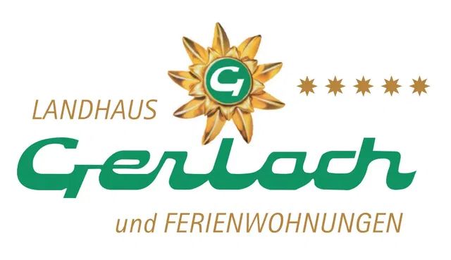 Gerlach Ferienhäuser Logo: Sonnenblume, grüner Gerlach-Schriftzug, LANDHAUS und FERIENWOHNUNGEN, 5-S