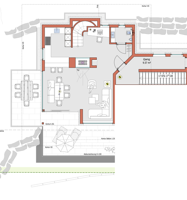 Grundriss des Erdgeschosses mit Wohnküche und Terrasse