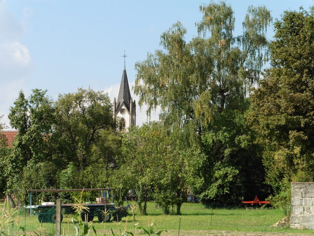 Kirchturm und Gärten in Brittheim