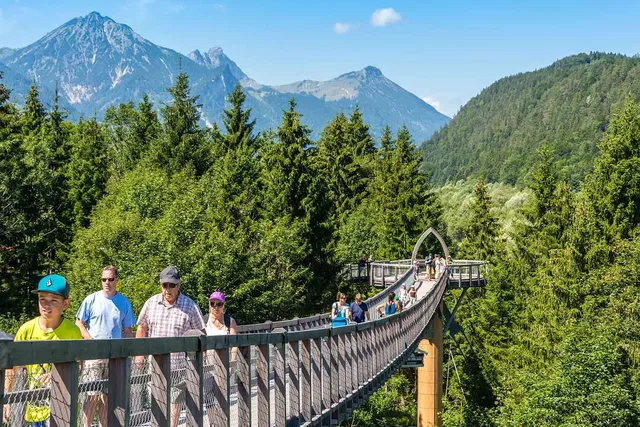 Besucher auf dem Holzsteg des Baumkronenwegs vor Wald und Alpen