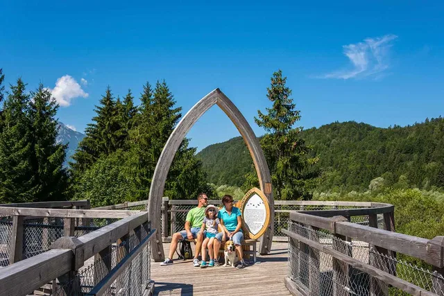 Familie auf einer Sitzbank an der Plattform des Baumkronenwegs