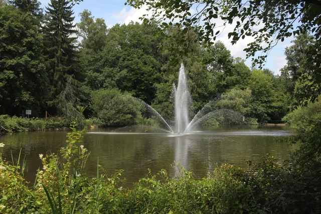 Teich mit Springbrunnen im Kurpark, von Bäumen umgeben.