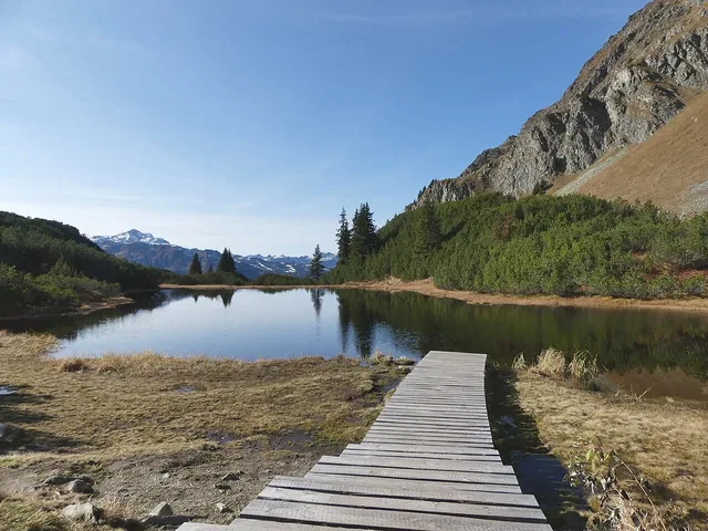 Wiegensee mit Holzsteg und empfindlicher Ufervegetation.