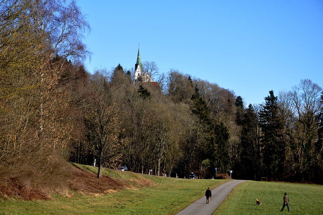 Turm der Wallfahrtskirche Pfärrich über einem bewaldeten Hang, davor Talwiesen und ein Weg