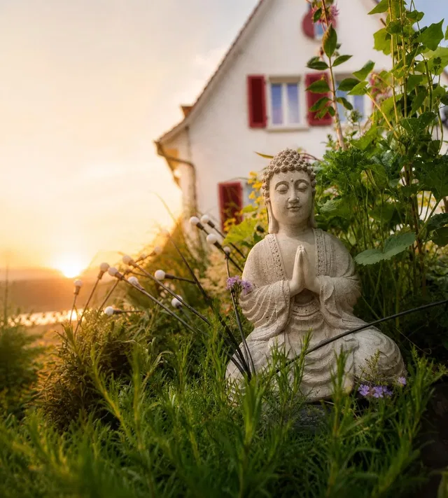 Steinbuddha-Statue im Garten bei Sonnenuntergang vor einem Haus mit roten Fensterläden.