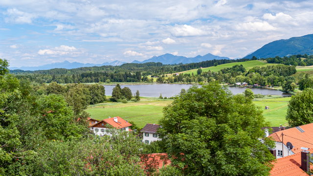 Soier See bei Bad Bayersoien mit grünen Wiesen und den Ammergauer Bergen im Hintergrund