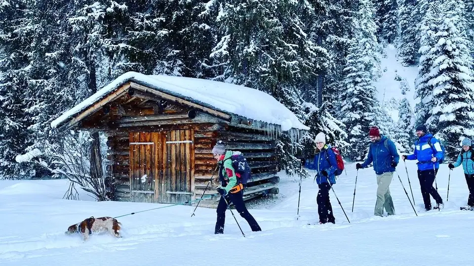 Schneeschuhgruppe mit Hund neben einer Holzhütte im verschneiten Wald