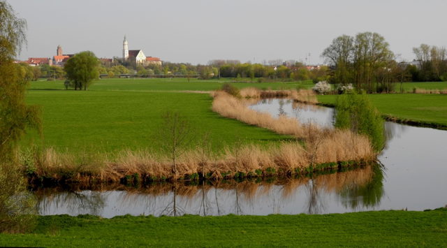 Wörnitzschleife in Donauwörth mit grünen Wiesen, Münster und Heilig-Kreuz-Kirche, Aufnahme vom April 2011