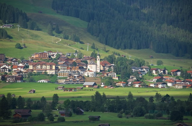 Blick auf Lermoos mit grünen Wiesen und bewaldetem Berghang