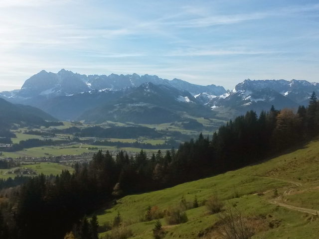 Blick von Kössen über grüne Hänge zum Kaisergebirge