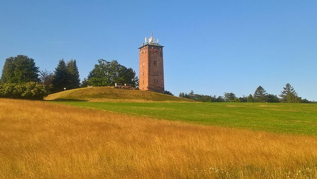 Ehemaliger Wasserturm von Dobel auf einer Wiese unter blauem Himmel