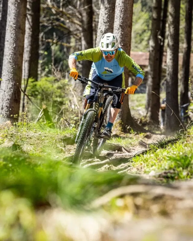 Mountainbiker im Wald mit Helm, Brille, gelb-grüner Jersey fährt auf wurzeligem Trail