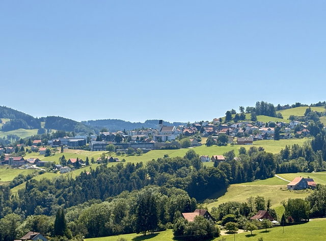 Heiden zwischen grünen Hügeln und Wiesen im Appenzellerland