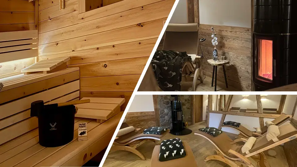 Collage einer Holzsauna: Ruheraum, Heizofen und Lounge-Liegen.